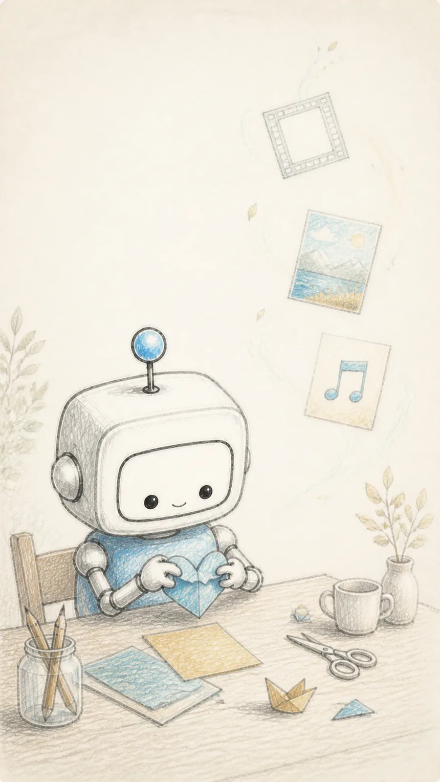 動画、絵、音楽を表す小さな紙の作品をつくるロボ